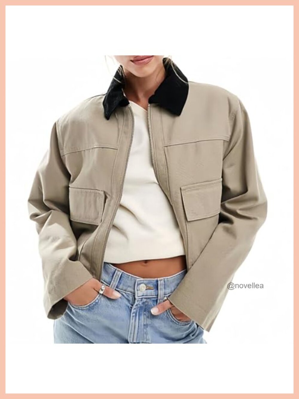 Cropped Utility Jacket Contrast Corduroy Collar Zip Up Barn Coat